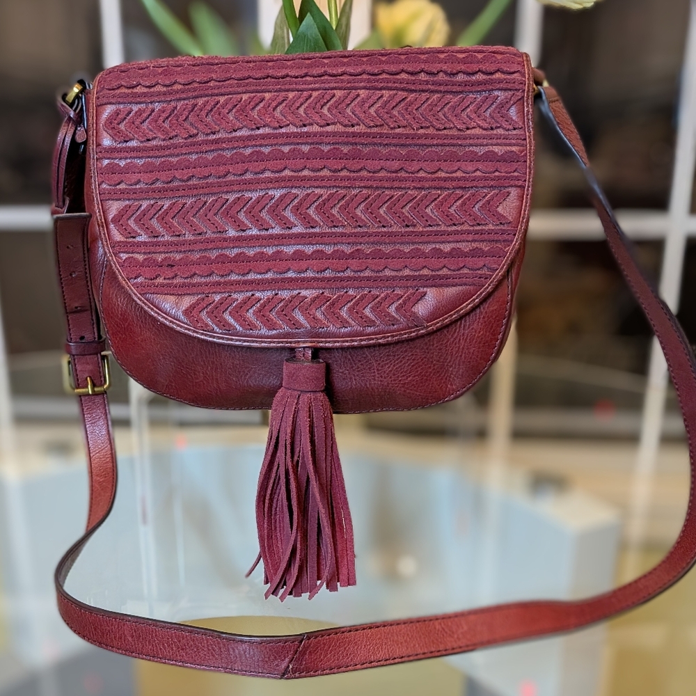 Fossil Leather Burgundy Patterned Crossbody Bag